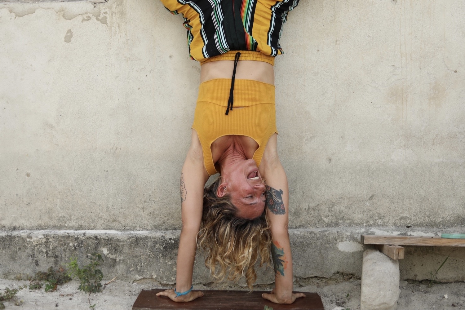 Lola practicing a handstand against a wall