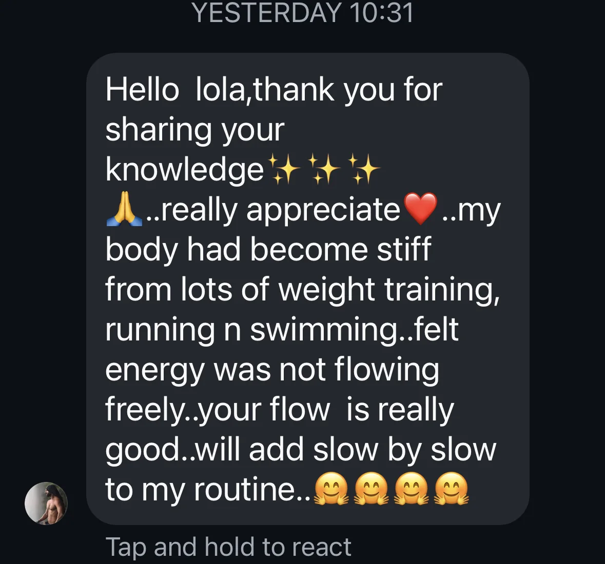 Private message saying Lola’s flow helped a stiff body feel energy moving more freely
