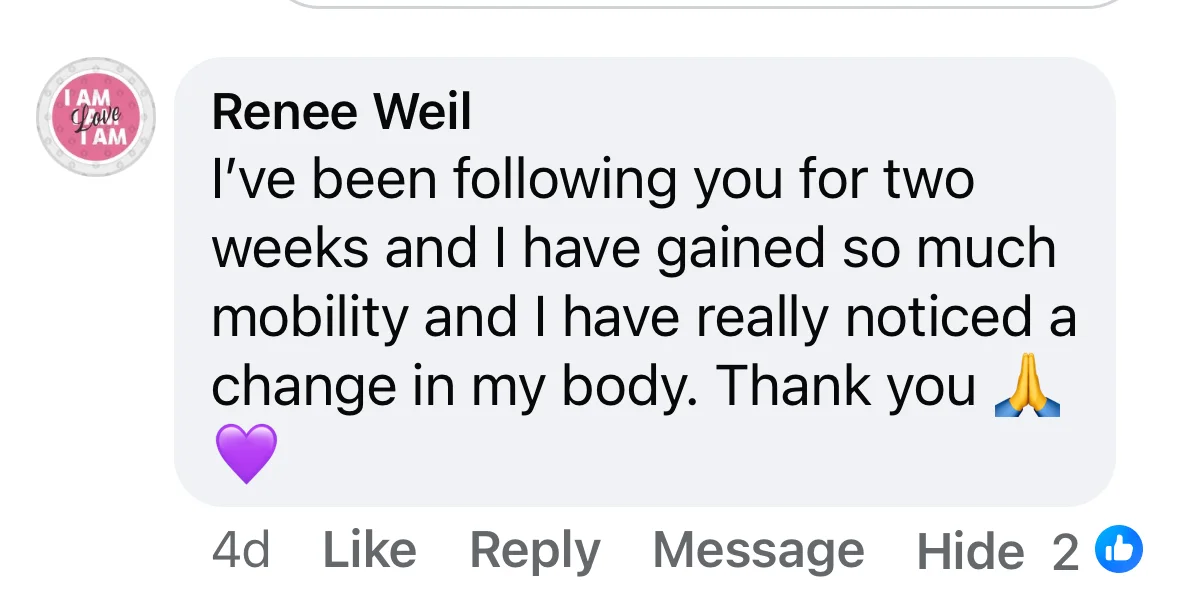 Public comment saying two weeks of following Lola’s movement improved mobility and created a noticeable change in the body