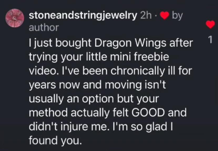 Instagram comment from a Dragon Wings buyer saying Lola’s method felt good and did not cause injury